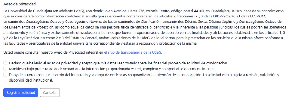 Aviso de privacidad y casillas de validación