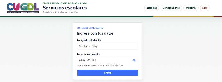 Pantalla de acceso a Servicios Escolares CUGDL