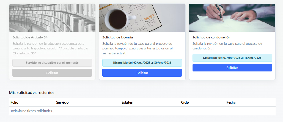 Selección del trámite de Licencia en Servicios Escolares