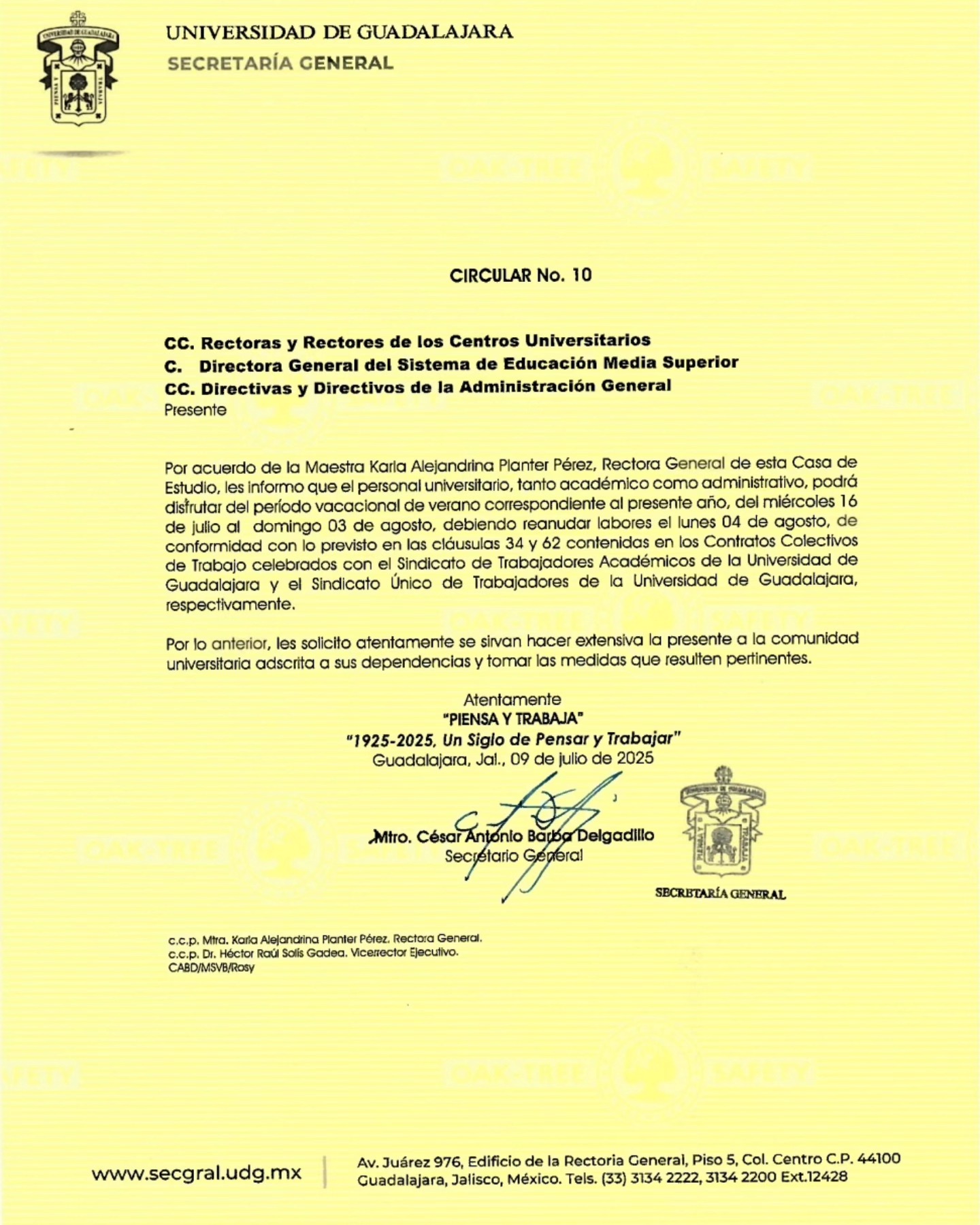 Periodo de vacaciones de verano para personal académico y administrativo