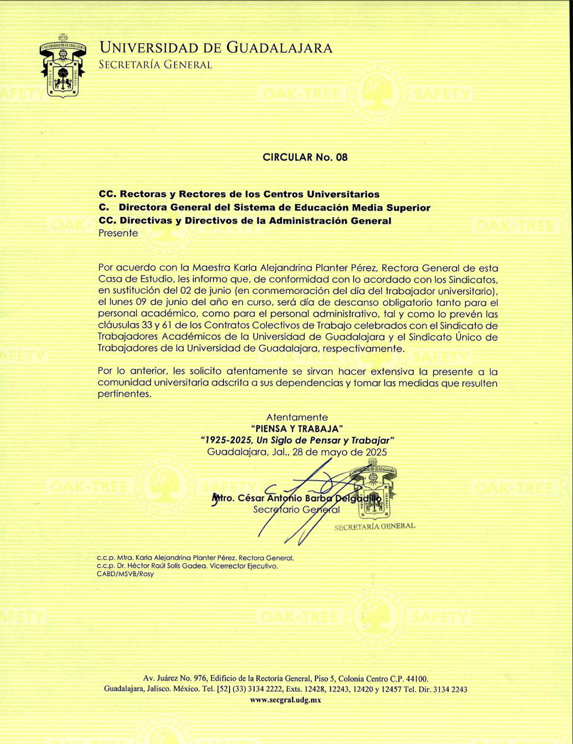 Circular No. 8 - Descanso por el Día del Trabajador Universitario