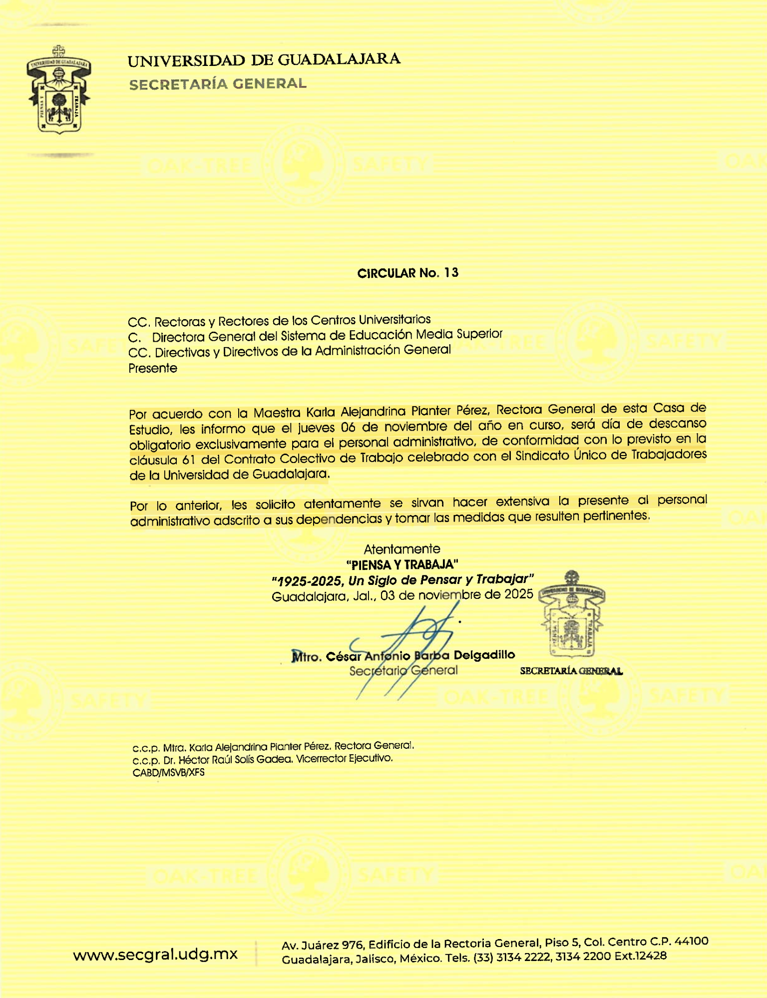 Circular No. 13 - Día de descanso obligatorio para personal administrativo