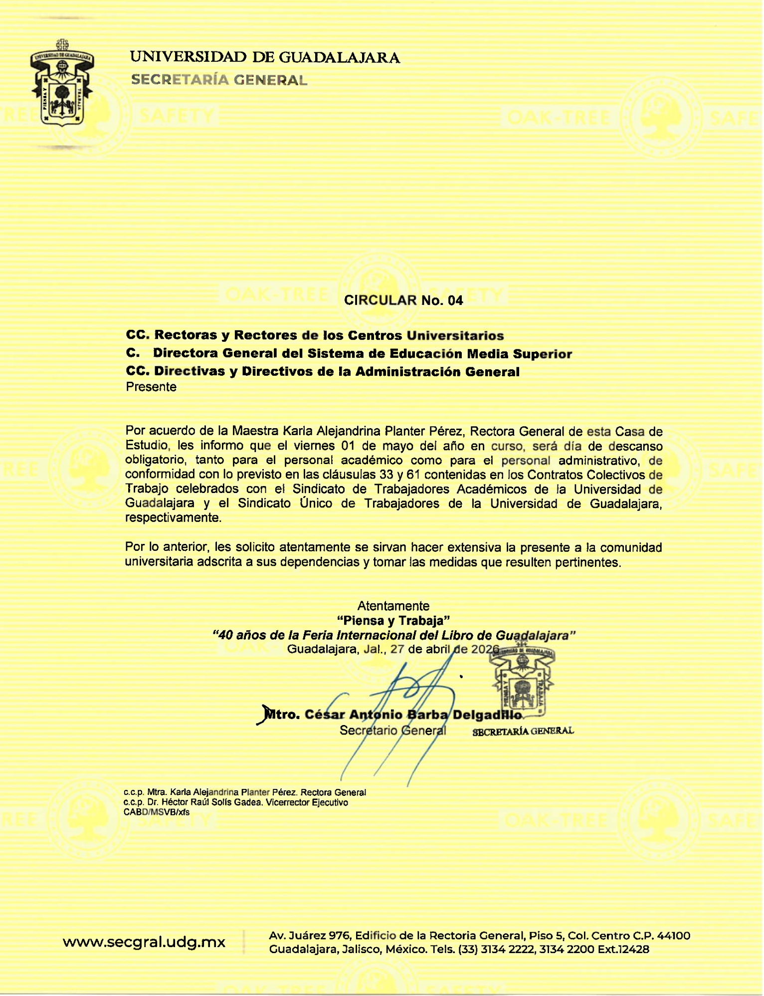 Circular N° 04 - Día de descanso por el Día del Trabajo