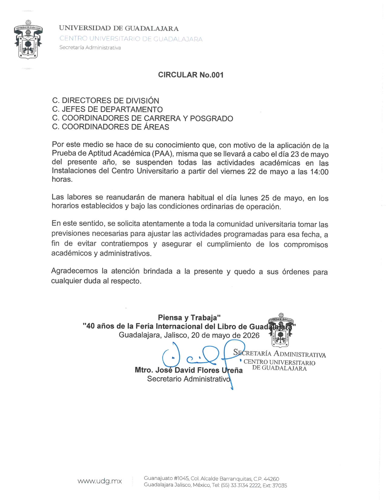 Circular N. 001 - Suspensión de actividades en el Centro Universitario