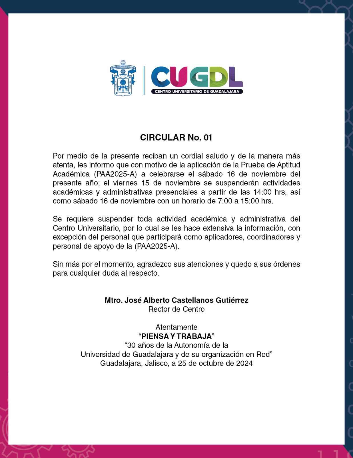 Circular N° 01 - Aplicación de la Prueba de Aptitud Académica (PAA2025-A)