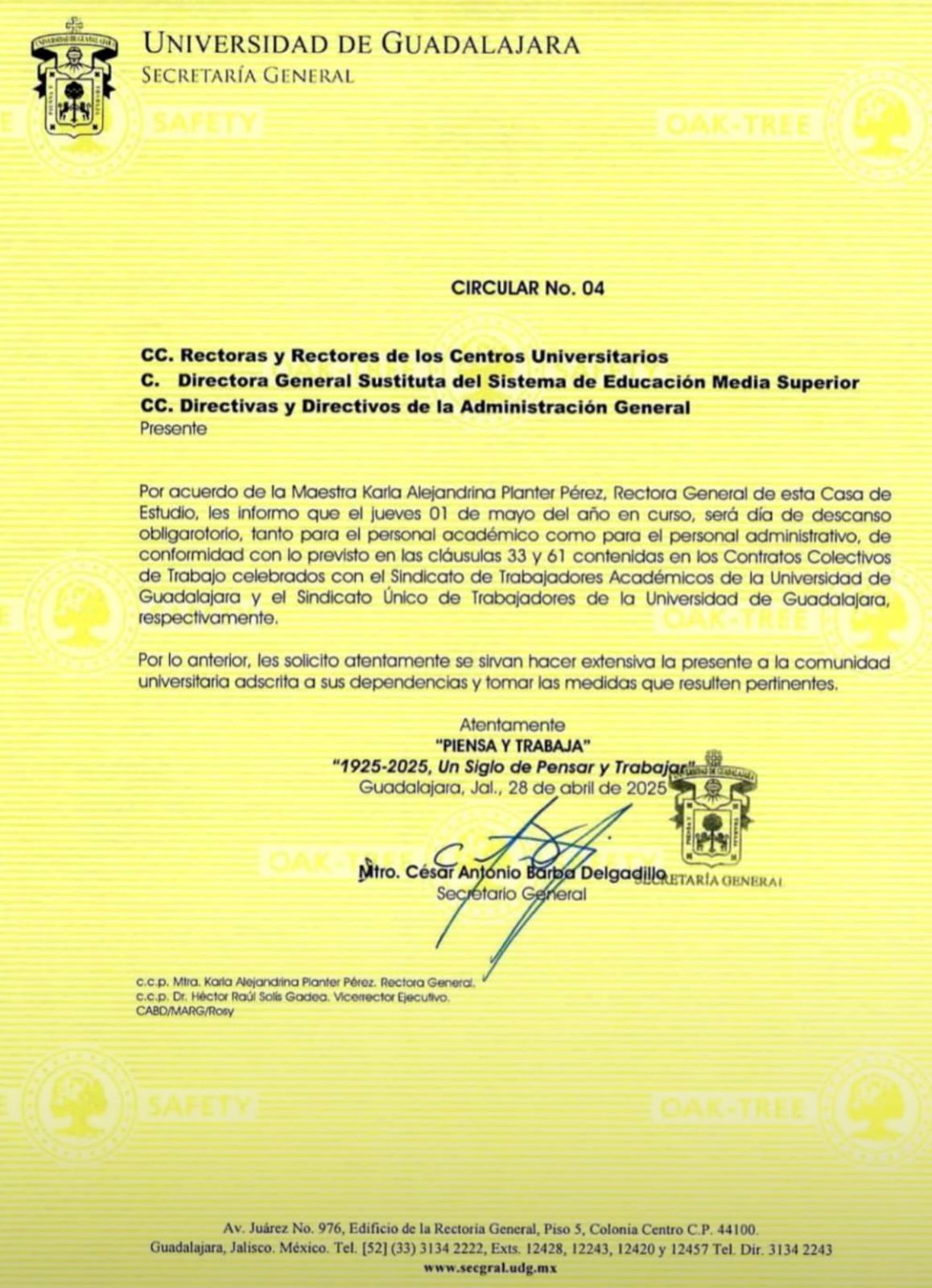 Circular N° 4 - Suspensión de actividades por el Día del Trabajo
