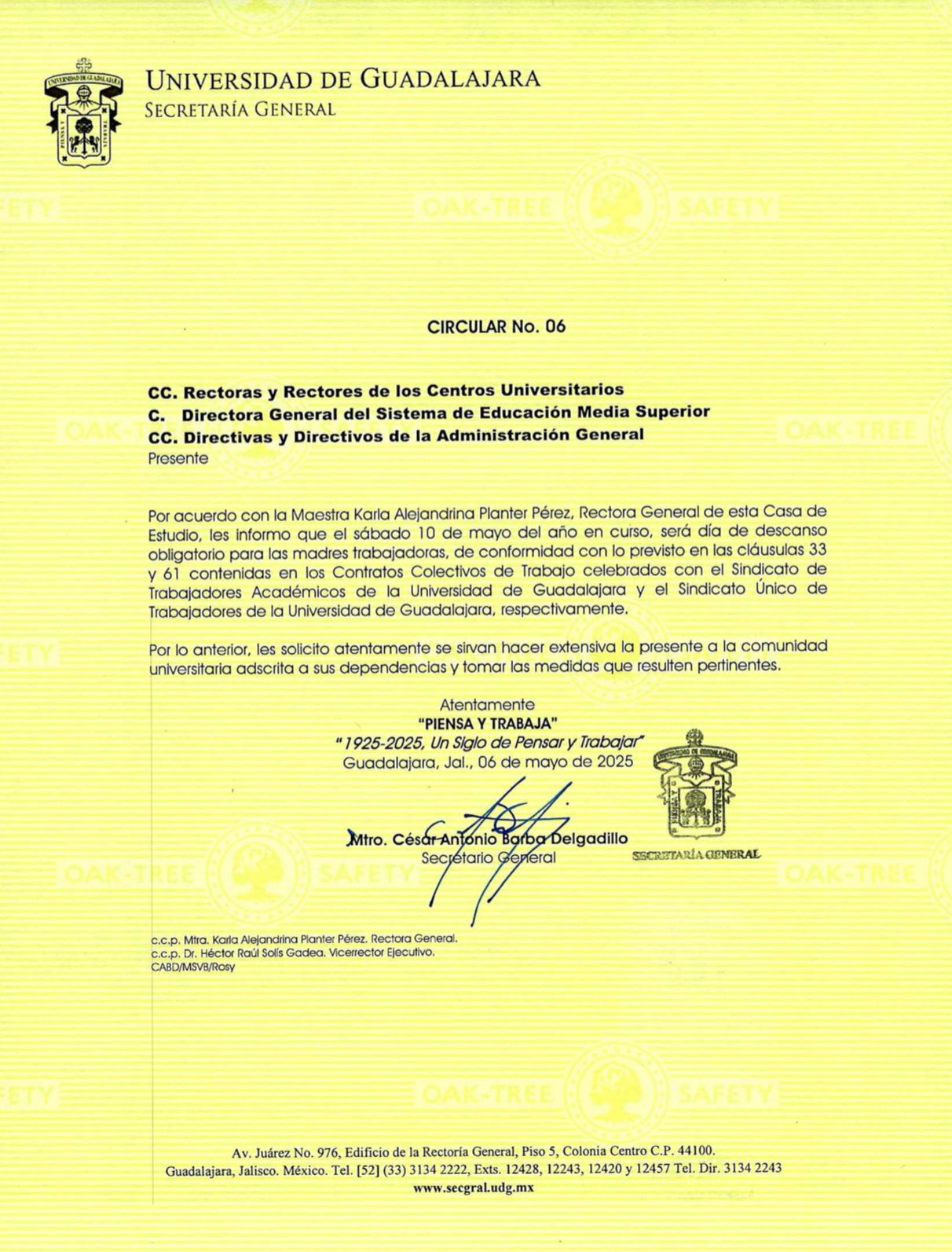 Circular N° 6 - Descanso obligatorio a madres trabajadoras